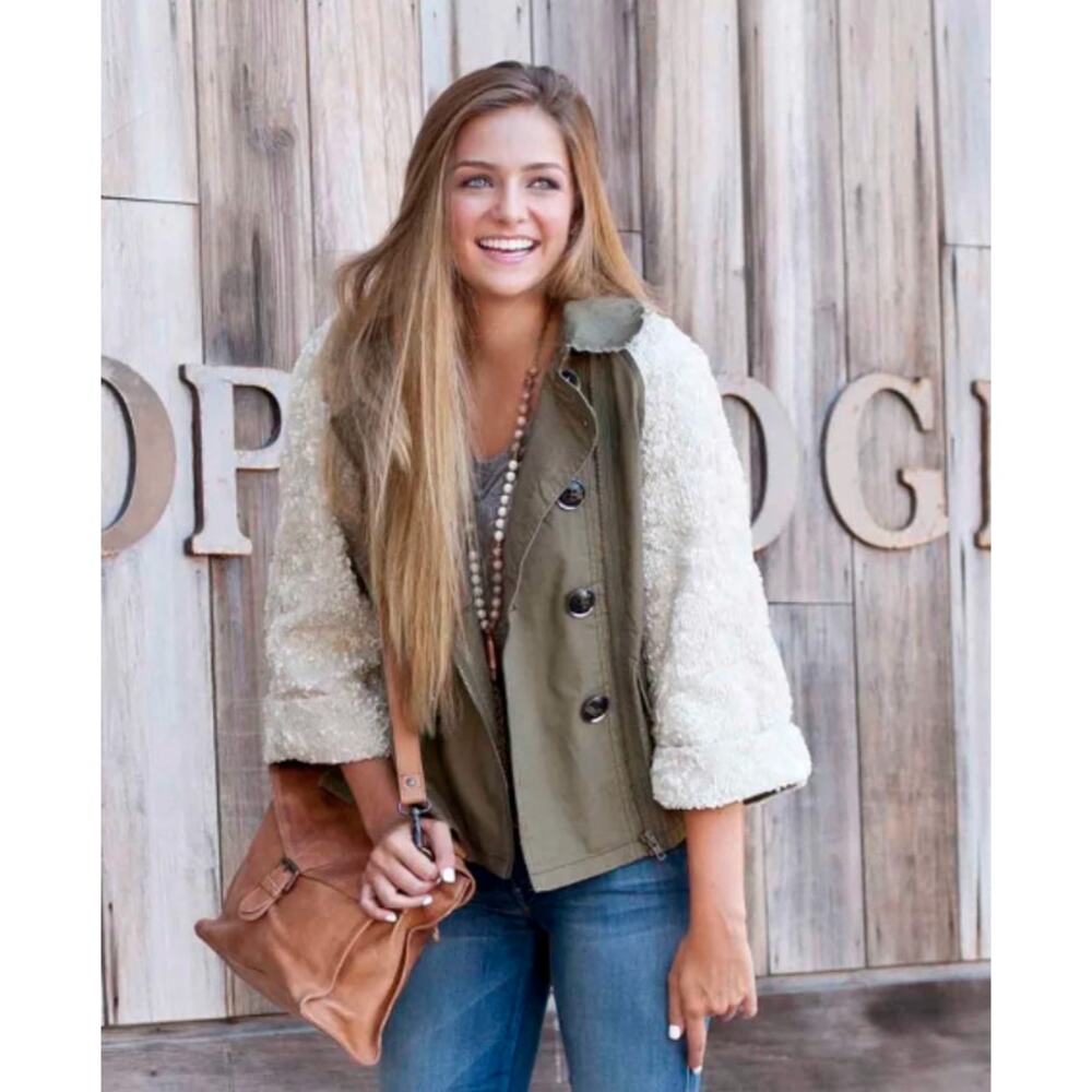 Hei Hei Anthropologie Women's Olive Green Double Breasted Sequin Swing Jacket M
